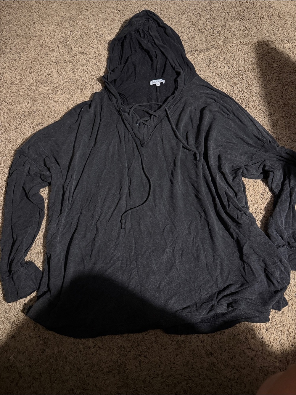 white birch Black Hooded V-Neck Lace-Up Sweater